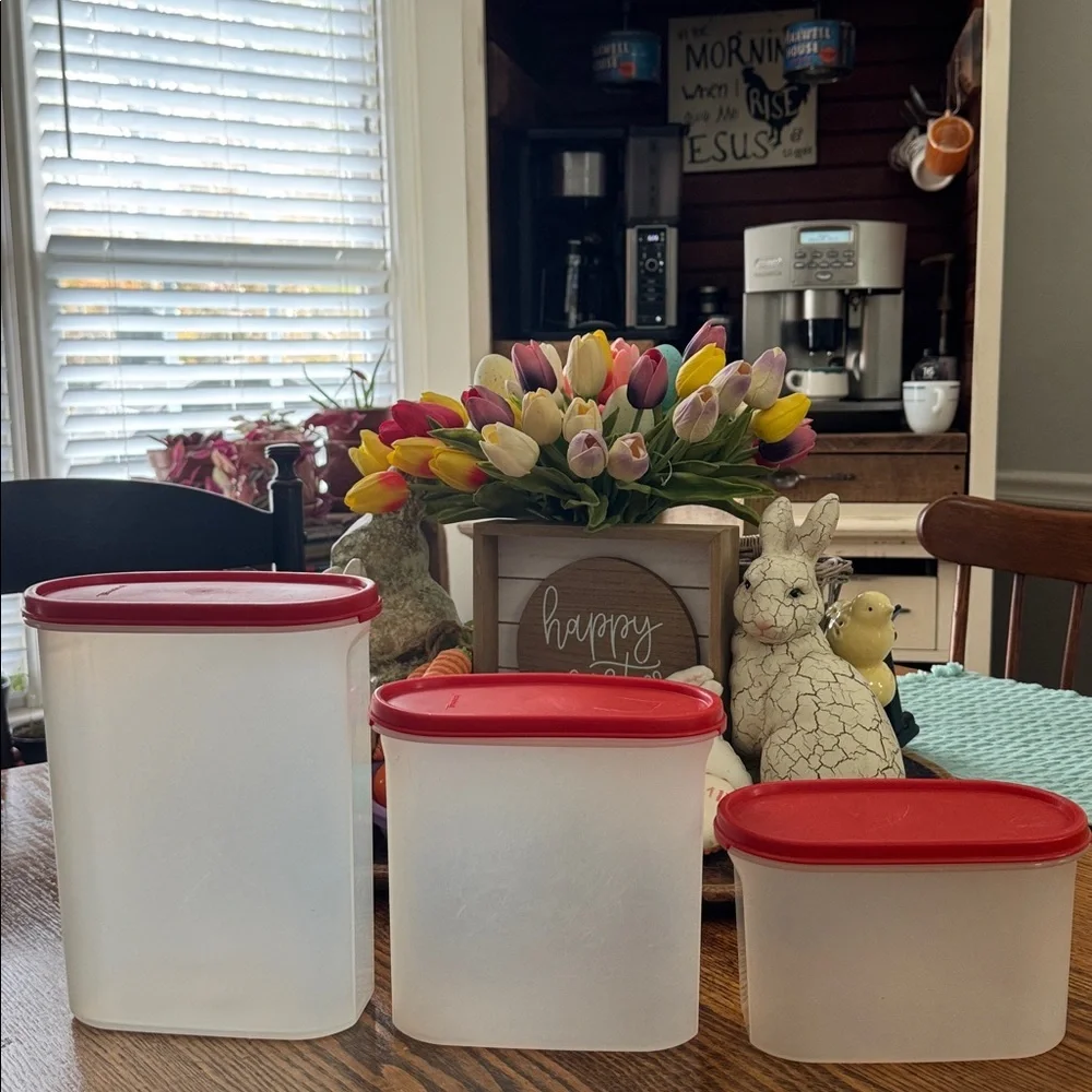 Vintage Tupperware Red Top Modular Mates Oval Storage Containers - set of 3